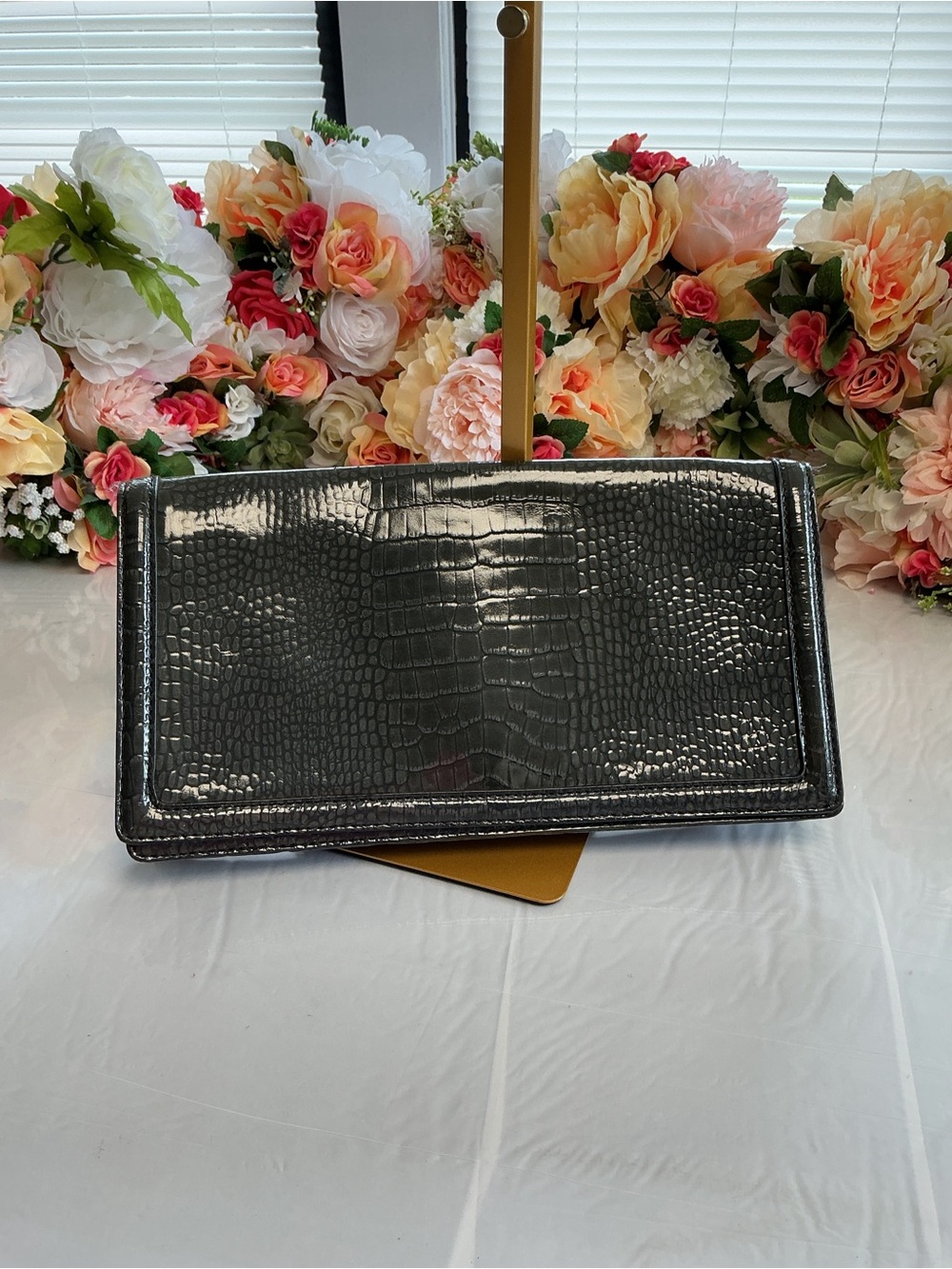 Banana Republic Croc Embossed Patent Leather Fold Over Clutch Black NWT Bag